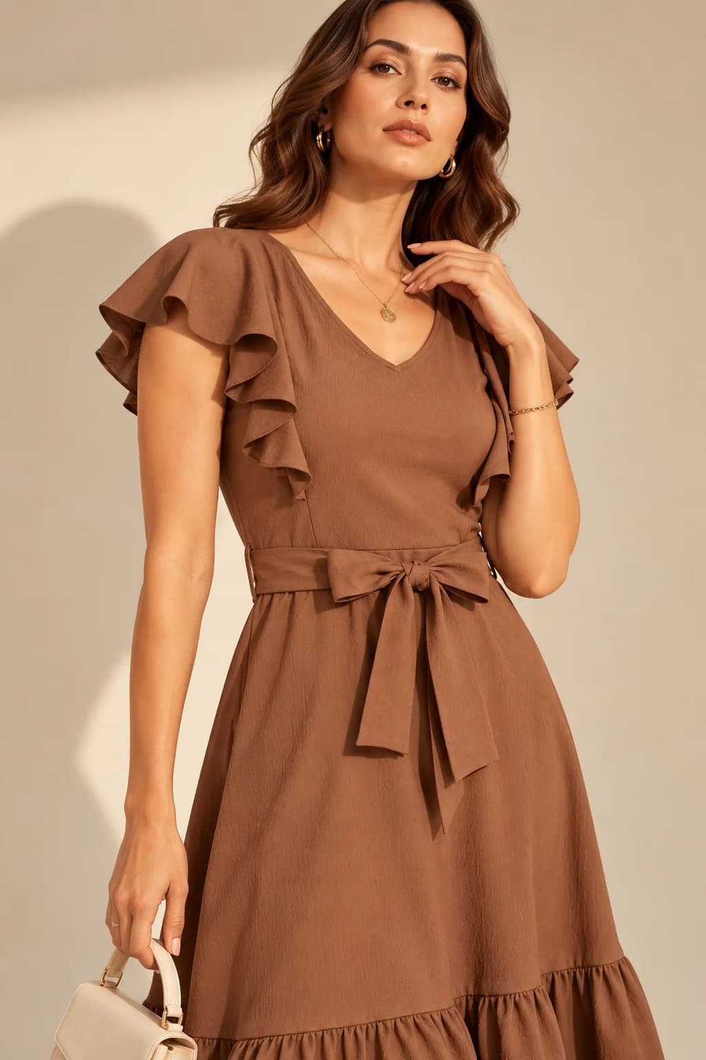 Mocha Ruffle-Sleeve Tie-Waist Midi Dress — view 4