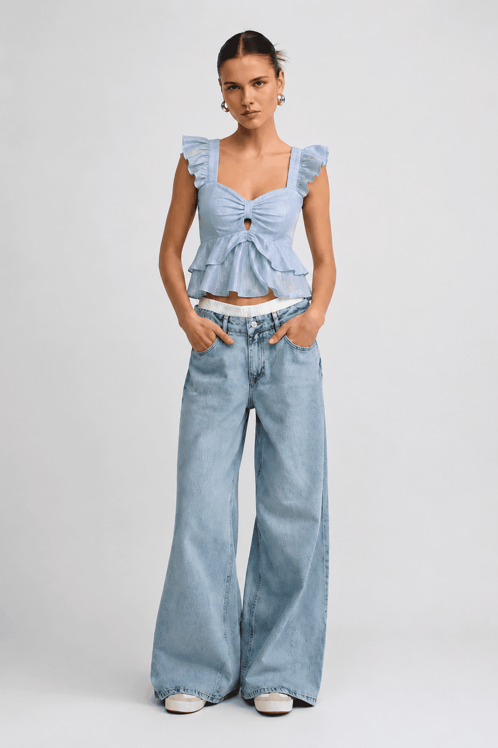 Powder Blue Ruffled Bow Peplum Top
