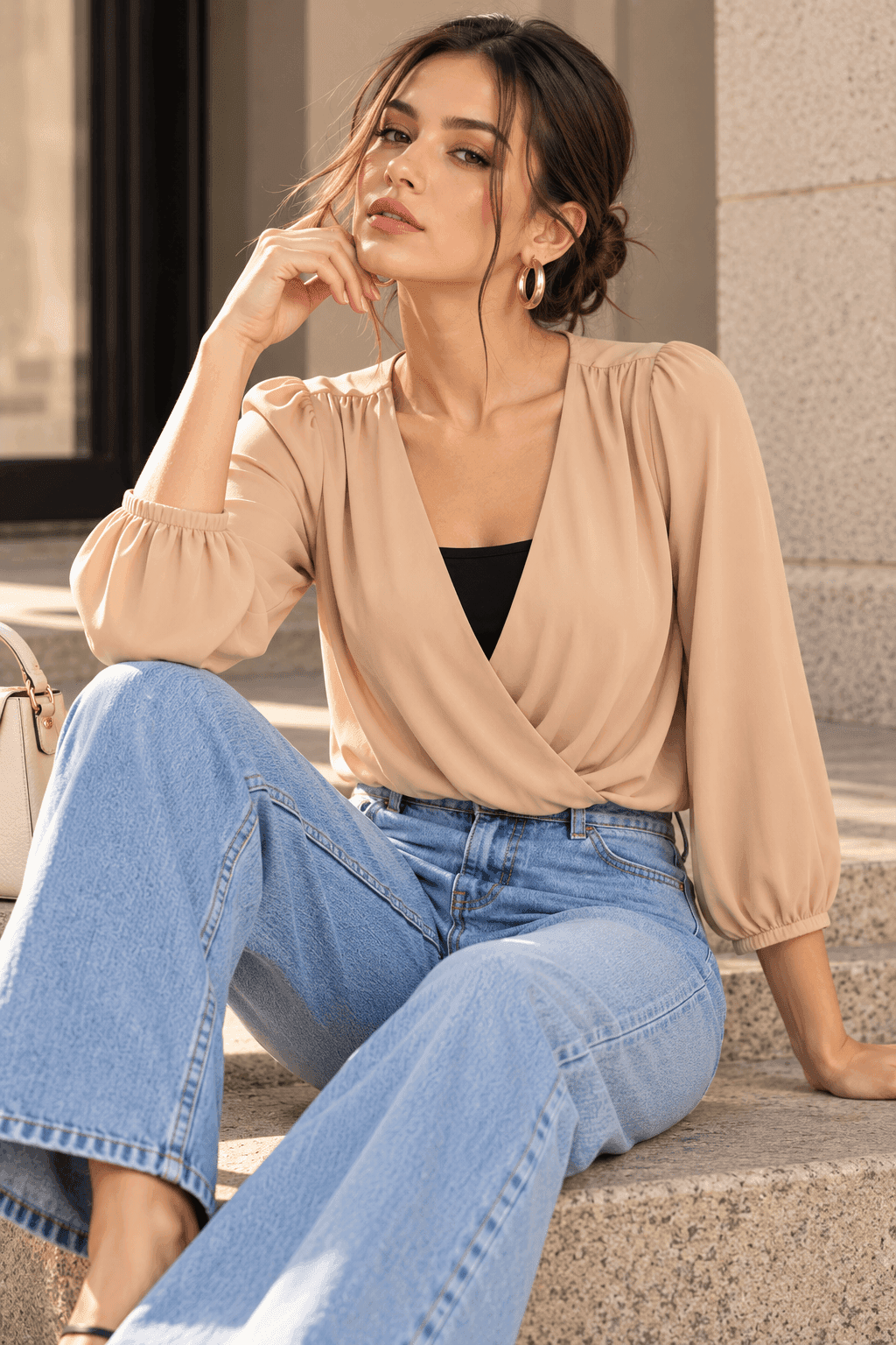 Nude Beige Wrap V-Neck Blouse