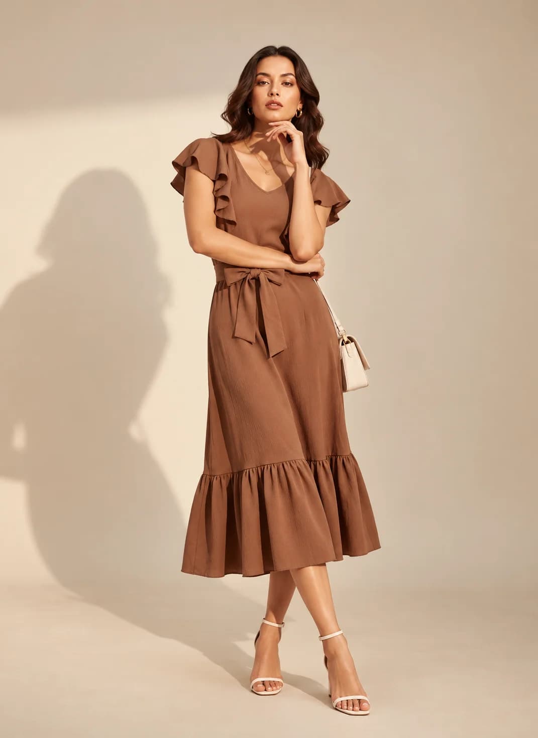 Mocha Ruffle-Sleeve Tie-Waist Midi Dress