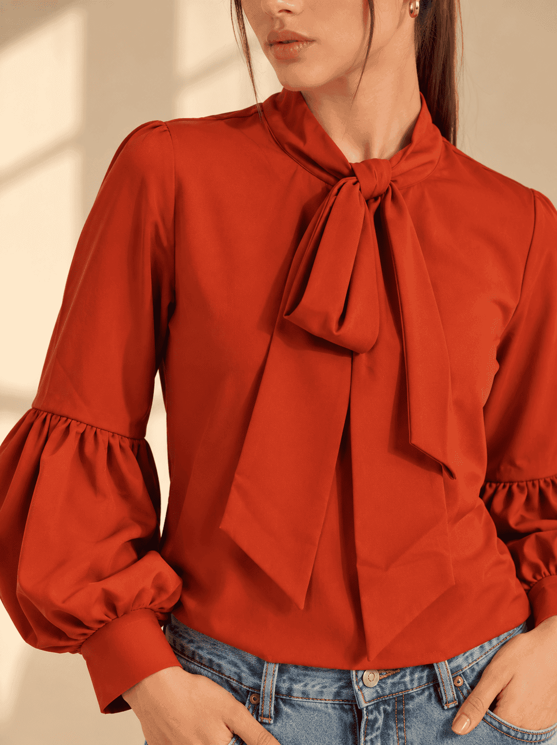 Rusty Red Bow-Tie Balloon Sleeve Blouse