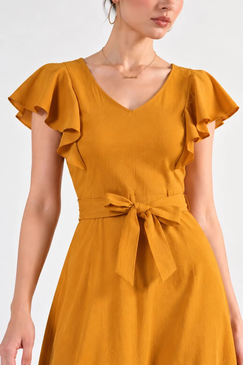 Mustard Ruffle Waist-Tie Midi Dress — view 4