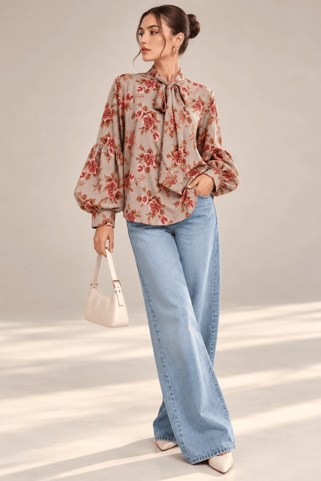 Floral Print Bow Neck Balloon Sleeve Blouse