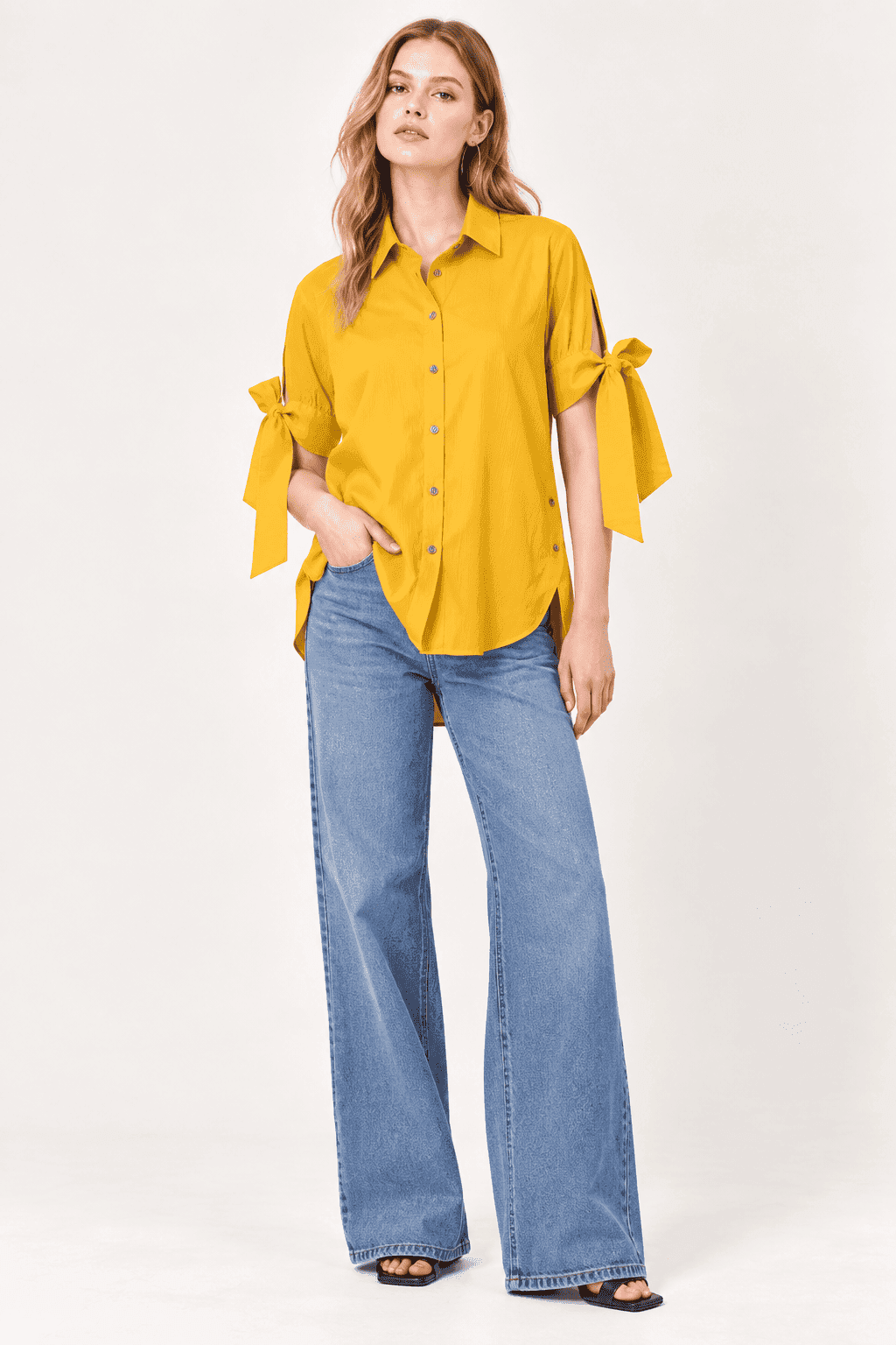 Mustard Tie-Sleeve Button-Down Shirt