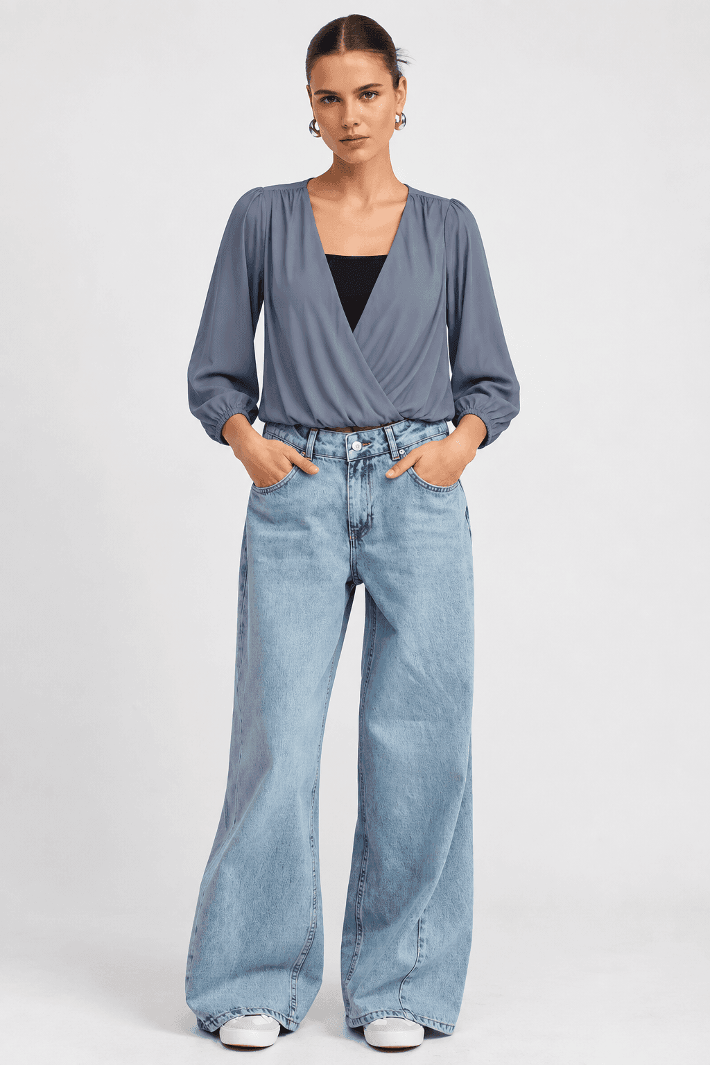 Dusty Blue Wrap V-Neck Blouse