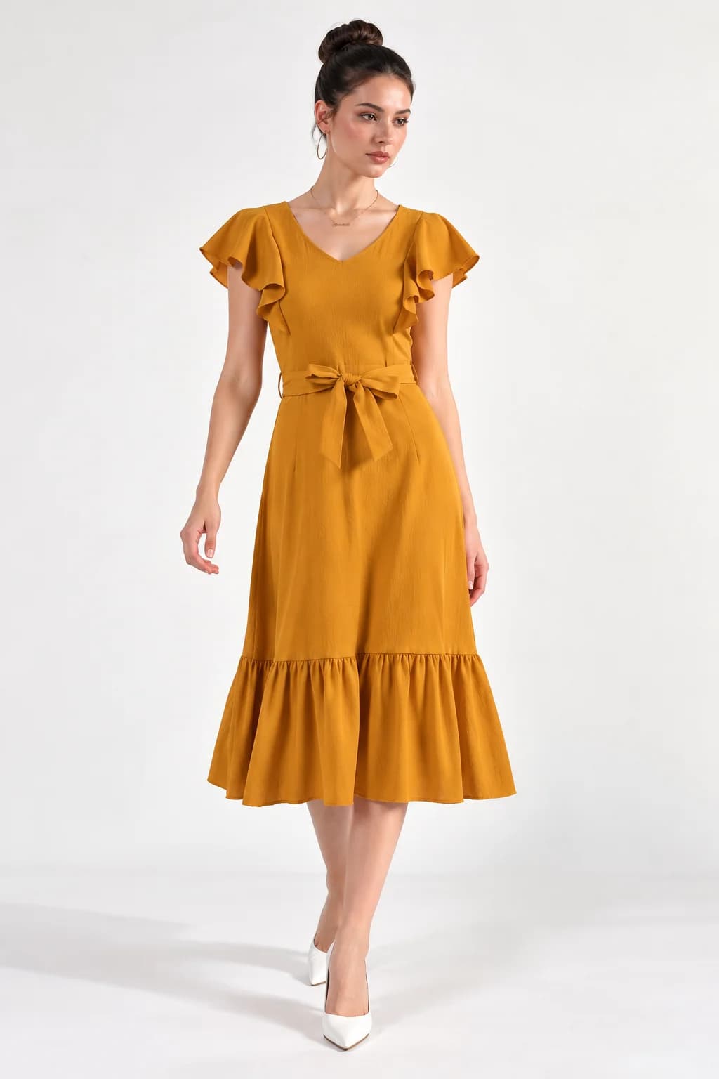 Mustard Ruffle Waist-Tie Midi Dress