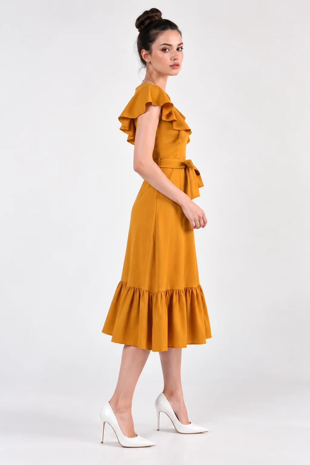 Mustard Ruffle Waist-Tie Midi Dress — view 3