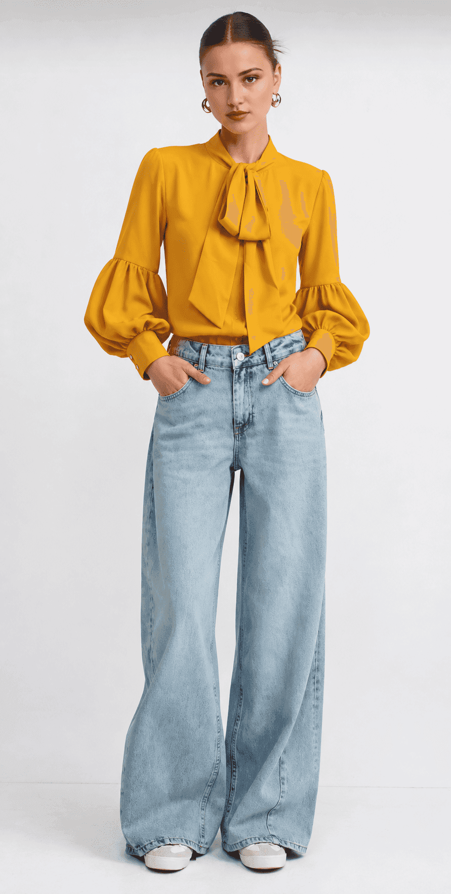 Mustard Bow-Tie Balloon Sleeve Blouse