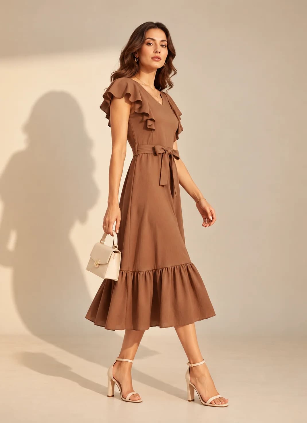 Mocha Ruffle-Sleeve Tie-Waist Midi Dress — view 2