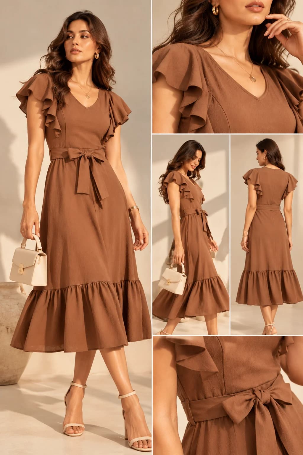 Mocha Ruffle-Sleeve Tie-Waist Midi Dress — view 5