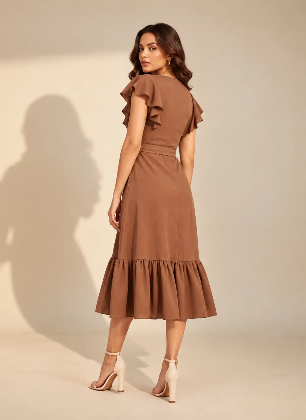 Mocha Ruffle-Sleeve Tie-Waist Midi Dress — view 3