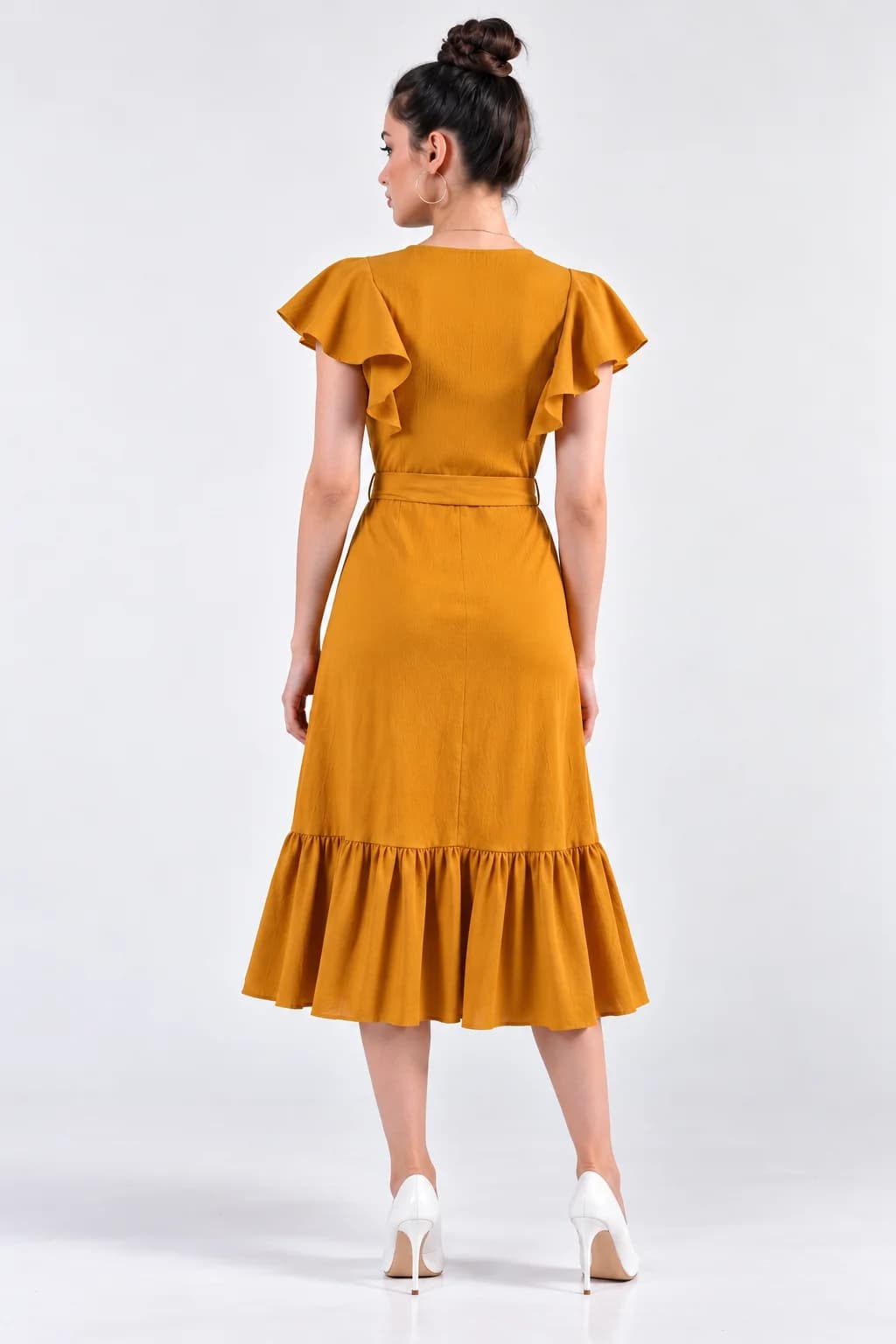 Mustard Ruffle Waist-Tie Midi Dress — view 2