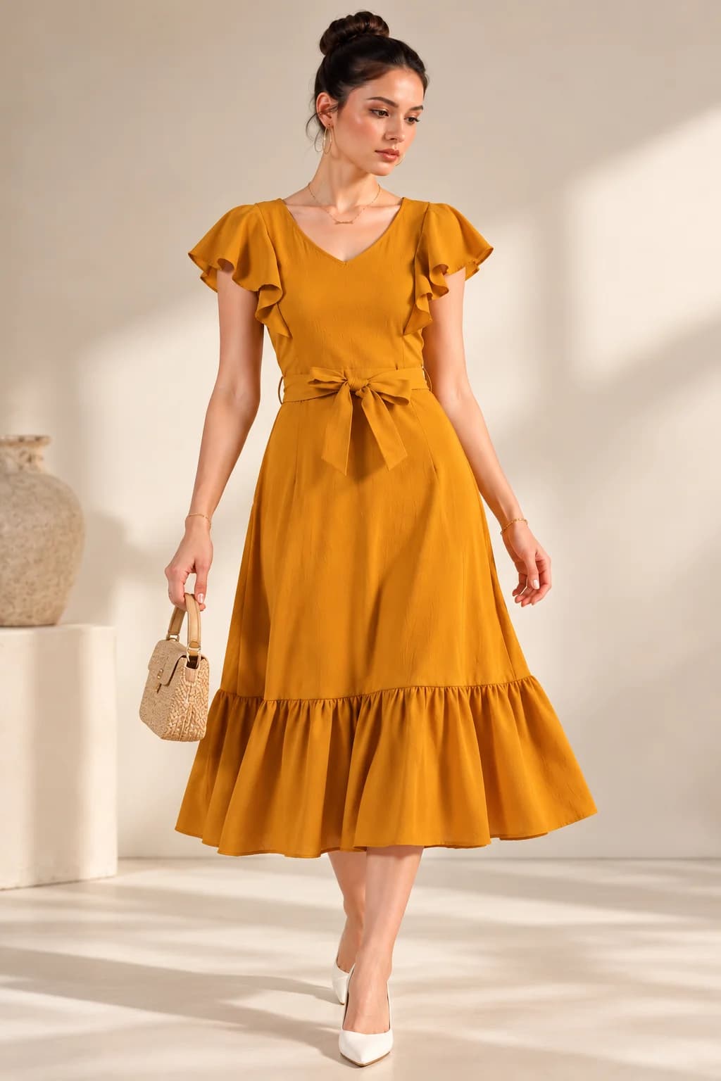Mustard Ruffle Waist-Tie Midi Dress — view 5