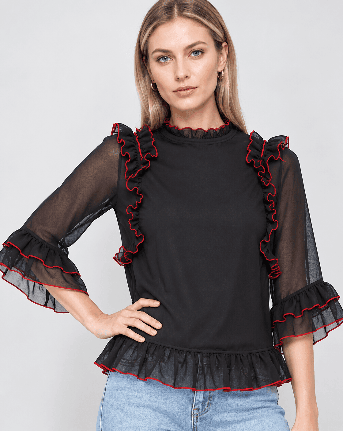 Black Contrast Ruffle Sleeve Top