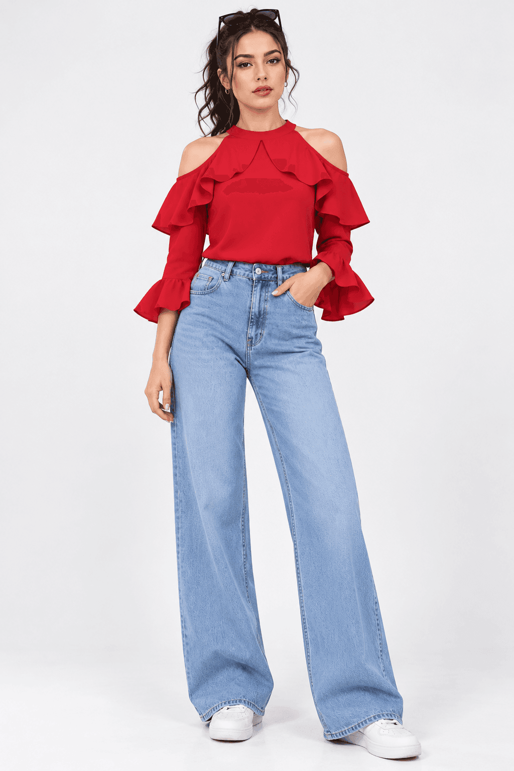 Red Cold-Shoulder Ruffle Bell-Sleeve Top